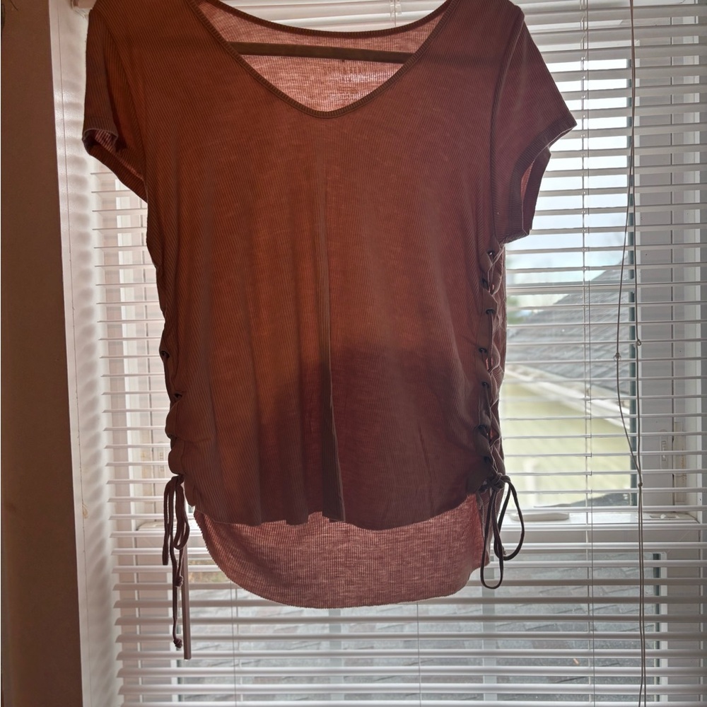 American Eagle Outfitters Brown Lace-Up Side Tee